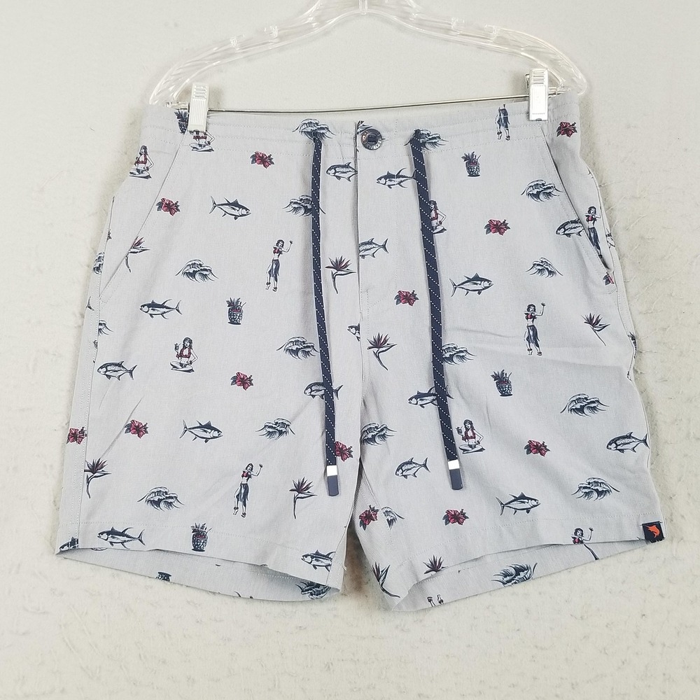Salt Life Swim Shorts Mens 32 Gray Tropical Fish Hula Girl Print Stretch Trunks